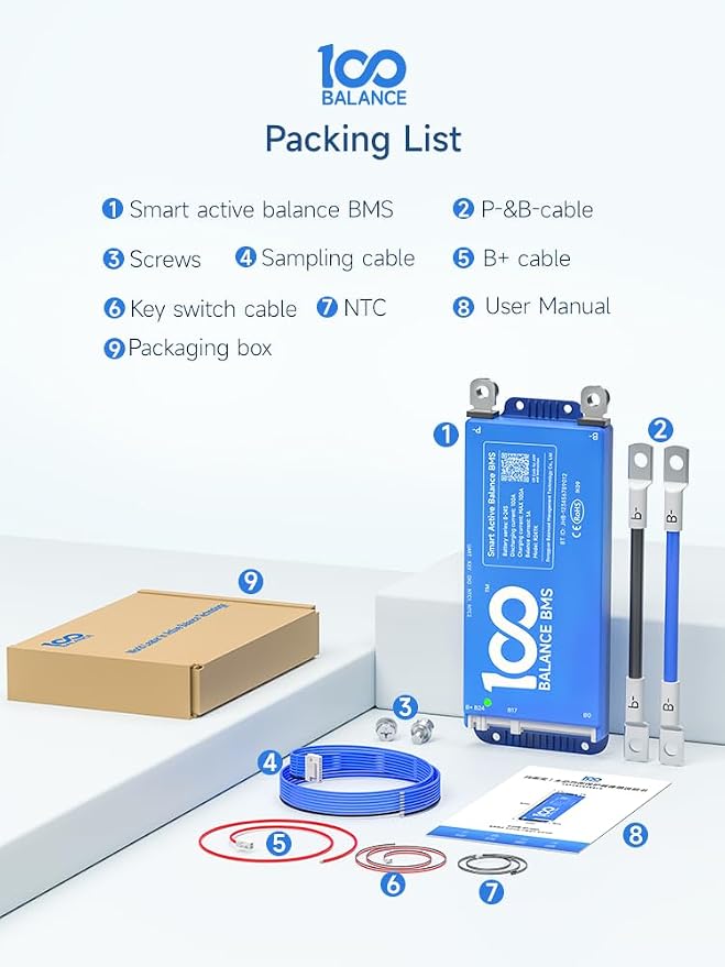 100BALANCE BMS 100A Active Balance 1A 4S-8S Build in Bluetooth Cell Balancing Smart PCB Battery Protection Board for Li-ion/Lifpo4/LTO Lithium Battery Pack