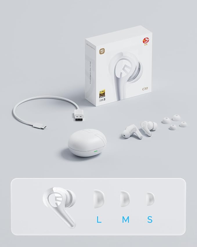 SoundPEATS C30 Hybrid ANC Earbuds with LDAC Hi-Res Audio, 52H Playtime -52dB Adaptive Noise Cancelling Earbuds, 6-Mic Clear Call, 12mm Driver, Bluetooth 6.0, Multi-Point, IP54 for Daily Use - White