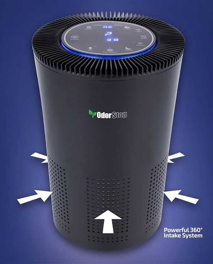 OdorStop OSAP5 HEPA Air Purifier for areas up to 1000 Sq Ft with H13 True HEPA Filter, Active Carbon, 5-Speed, Auto Mode, Sleep Mode, Child Lock, and Timer - Black