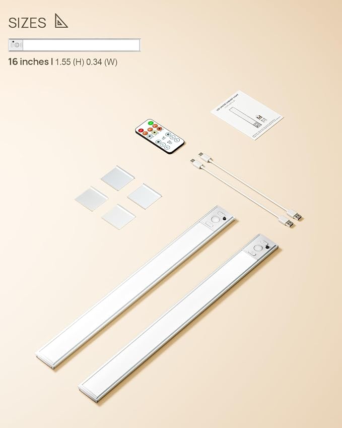 16inch Under Cabinet Lighting Wireless, 4000mAh Rechargeable Motion Sensor Light Indoor, LED Closet Lights with Remote, 3 Color Temps Dimmable Magnetic Under Counter Lights for Kitchen, Stair, 2 Pack
