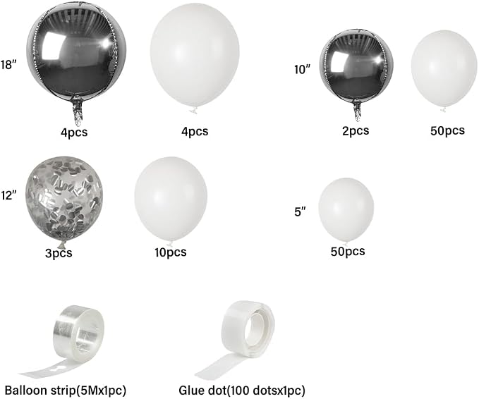 Restaurantware-Balloonify Balloon Garland Set, 1 Party Decoration Kit - 123 Balloons, With Chain, White & Silver Plastic Balloon Arch Kit, Includes Glue Dots