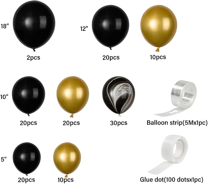 Restaurantware-Balloonify Balloon Garland Set, 1 Party Decoration Kit - 132 Balloons, With Chain, Black & Gold Latex Balloon Arch Kit, Includes Glue Dots