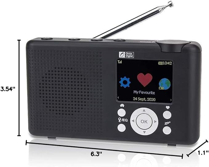 Ocean Digital WR-23F Portable FM Internet Radio 2.4” Color LCD Built-in Battery Wi-Fi Bluetooth (Black)