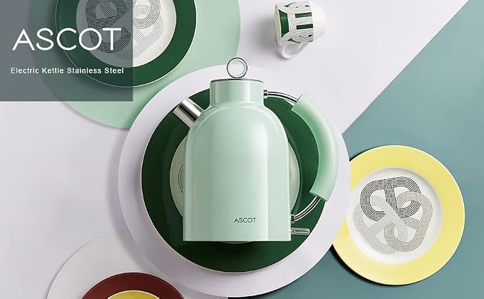 Electric Kettle, ASCOT Electric Tea Kettle, Stainless Steel Water Boiler, Fast Boiling, 1.5L, 1500W, BPA-Free, Cordless, Automatic Shutoff, Boil-Dry Protection, Green