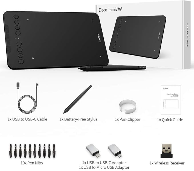 Wireless Drawing Tablet XPPen Deco mini7W Graphic Tablet Pen Tablet with 8192 Levels Pressure, 7 x 4 inch Artist Tablet for Online Teaching/E-Learning Compatible with Window/Mac/Android/Chrome/Linux