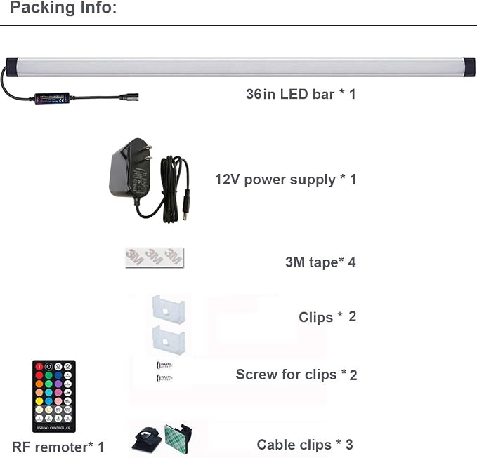 Dimmable Under Cabinet Lighting, RGB LED Light Bar, RF Remote Control Lamp, Multicolor Under Counter Lights for Desk, Room, Cupboard, Hallway, Shelf, Closet (36 Inch)