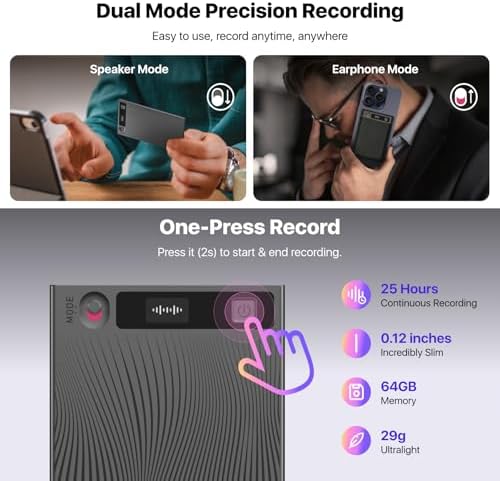 Mobvoi TicNote AI Voice Recorder & USB Charger, 64GB Memory Note Recorder w/Case App Control 120+ Languages Transcribe Summarize with AI Shadow Digital Audio Recorder