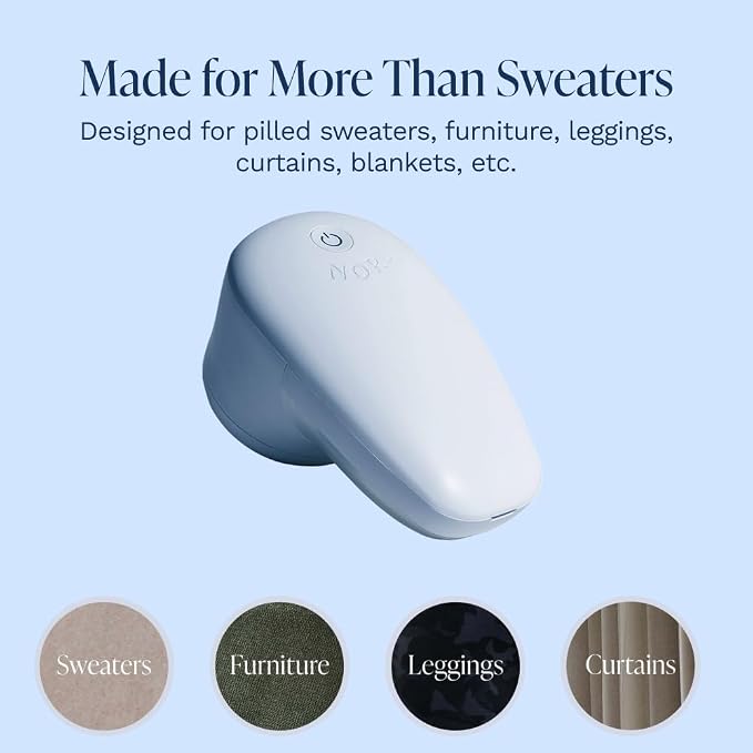 Nori Trim Fabric Shaver - Lint Remover for Clothes & Furniture Couch Pilling - Sweater Pill Remover - Clothes Shaver with 6 Precision Blades - Wireless and Rechargeable - Blue