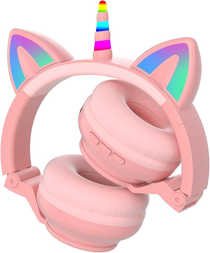 Unicorn Kids Headphones for Girls, Unicorn Bluetooth Headphones Foldable for Girls Toddlers Tablet/pad/Amazon fire,Light Up Kids Wireless Headphone Birthday Gifts (Pink 2)