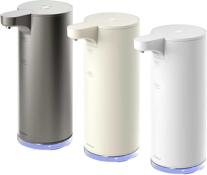 mooas Automatic Foaming Hand Soap Dispenser 3 Set (Ivory & White & Metal) Stainless Steel Rechargeable 2 Level Adjustable Touchless Soap Dispensers for Kitchen, Bathroom, Commercial 9.4oz Each
