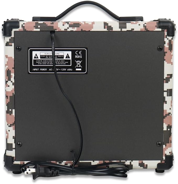 Electric Guitar Amplifier Camo Pixel Color 20W Guitar Amp Portable Practice 6.5Inch Speaker Input Jack Aux Drive Gain Bass Treble Volume Headphone Multi Function Suitable for Beginner Starter