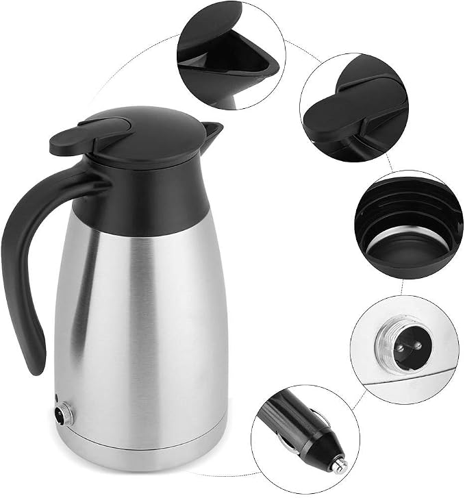 Travel Kettle, Car Electric Kettle Car Kettle 12V 1000ml Stainless Steel Car Electric Heating Kettle Portable Travel Car Car Kettle Heating Cup for Tea Coffee Making, Fast Heating Speed