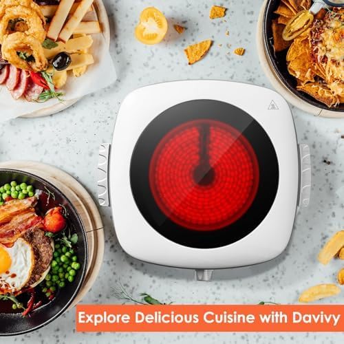 Davivy Single Burner Electric Hot Plate, 1200W Portable Cooktop with Scratch-Resistant Ceramic Glass, Lightweight 3.1lbs with Handle for Easy Carry – Ideal for Travel, Dorms, and Home Kitchen