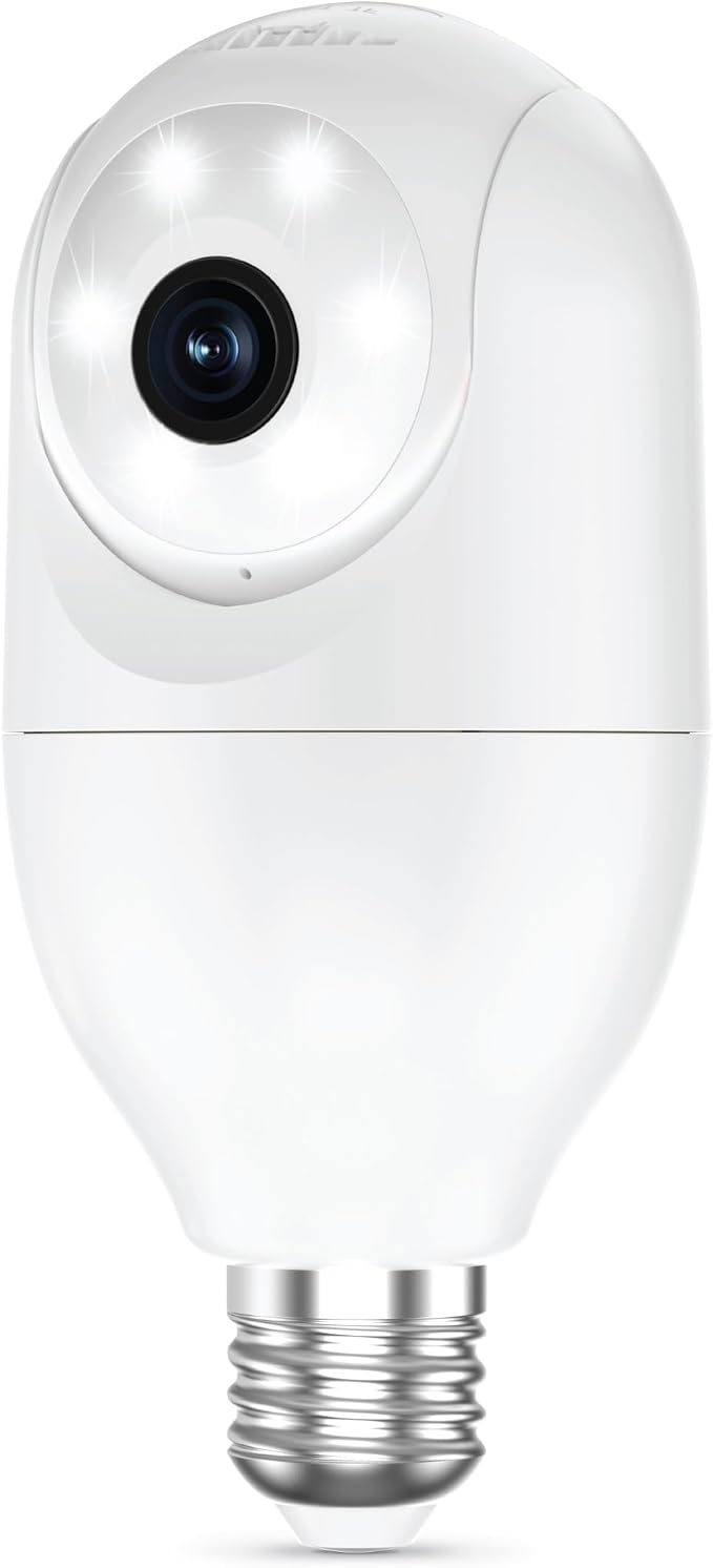 Feit Electric Smart Security Camera Bulb, 2K QHD Resolution, 2-Way Audio, Human Tracking, 350° Pan, Night Vision, Motion Alerts, E26 Base, Alexa/Google Assistant Compatible, CAM/PAN/WIFI/E26/2K
