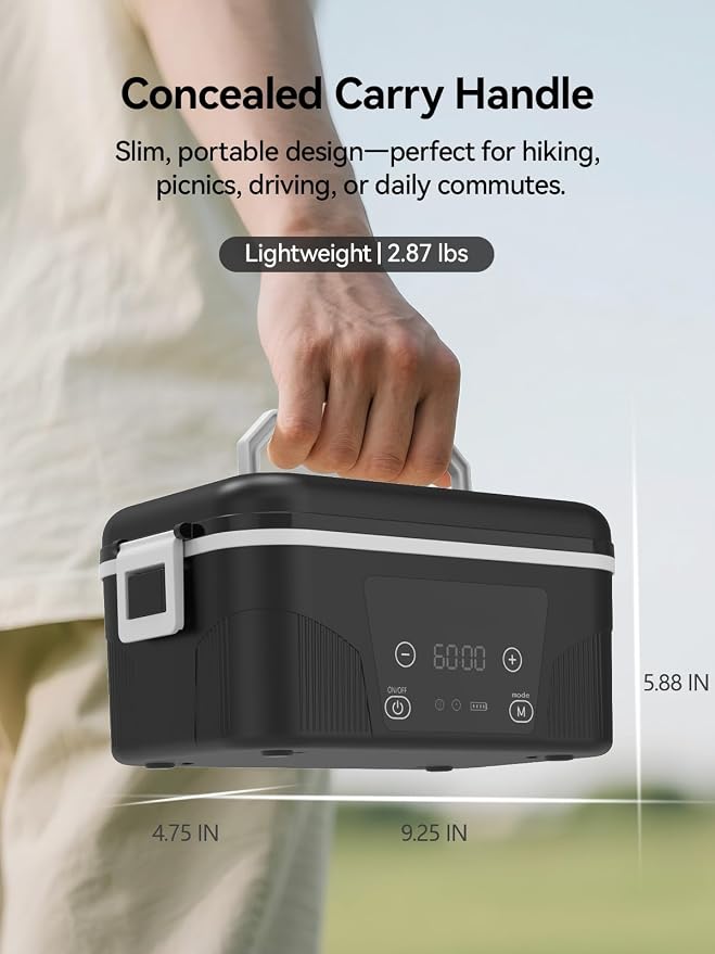 SOHIDA Cordless Heated Lunch Box: 1.4L Electric Lunch Box With Battery Powered, Custom Heating Time and Preset Heating Function for Adult - Portable Food Warmer for Office, Travel, Outdoor