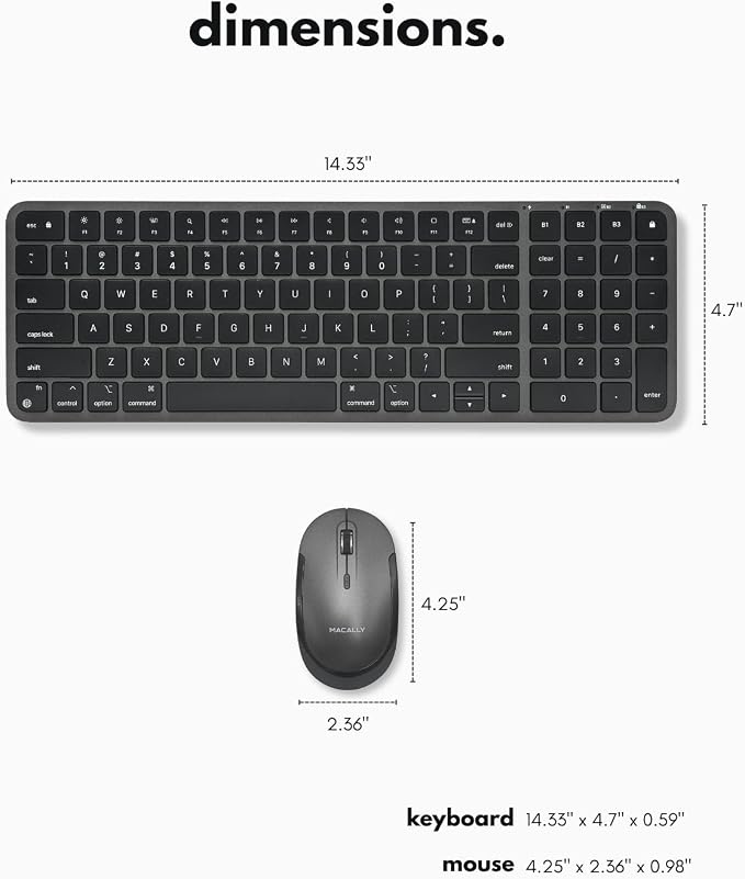 Macally Bluetooth Mac Keyboard and Mouse (Compact, Multi Device, Rechargeable) - Wireless Apple Keyboard and Mouse Combo - for Mac mini/Studio, MacBook Pro/Air, iMac, iPad, iPhone - Space Black