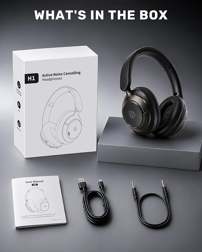 Boean Active Noise Cancelling Headphones, Bluetooth 6.0 Wireless Headphones with 120H Playtime, Soft Foam Over Ear Headphones with 360° HD Audio & 5 ENC Mics, Deep Bass Stereo Headset for Travel Game