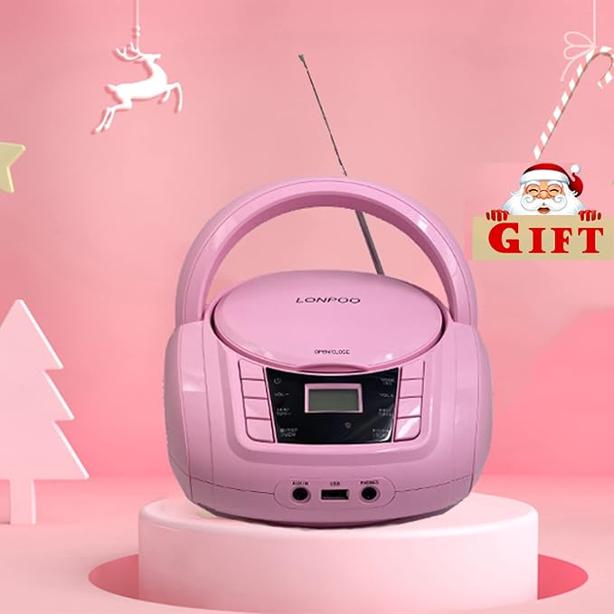 LONPOO Portable Boombox - CD Player, Bluetooth, USB, MP3, AUX, FM Radio, Portable, Built-in Stereo Speakers, Carrying Handle, LCD Display, Pink