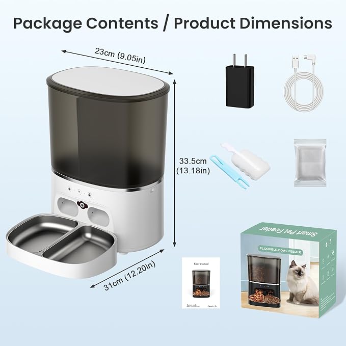 Automatic Cat Feeder 5G/2.4GHz Dual-Band WiFi Built-in HD Camera & Night Vision Two-Way Audio Calling APP Remote Control | Up to 10 Timed Feedings Per Day 8L Capacity Washable Parts (White)