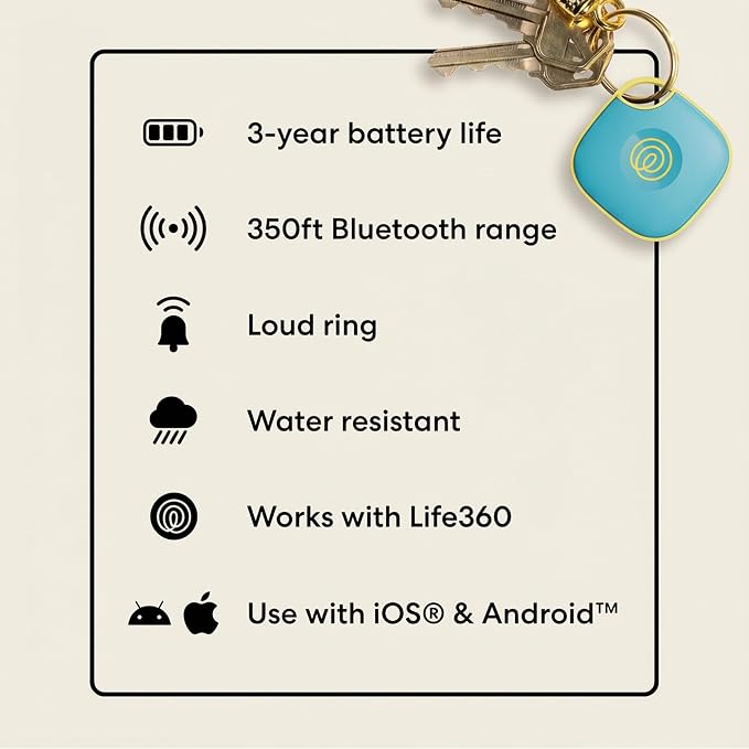Tile by Life360 Mate Bluetooth Tracker, Keys Finder and Item Locator for Keys, Bags and More. Phone Finder. Both iOS and Android Compatible. 1-Pack (Aqua Lemon)