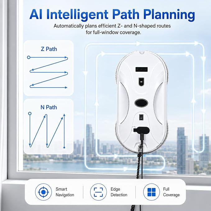 Robotic Window Cleaner with 3-Layer Safety, Smart Z/N Path Navigation, 2800Pa Strong Suction & UPS Anti-Drop, Perfect for High-Rise Windows, Glass Doors, Shower Glass, Gift for Parents