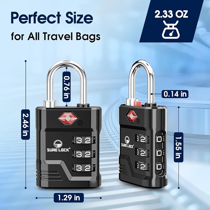 SURE LOCK TSA Approved Luggage Lock – 3-Digit Resettable Combination Padlock with Open Alert Red Dot, Large Easy-Read Dials for Suitcases, Backpacks, Gym & School Lockers (Black 4 pk)
