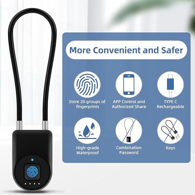 Fingerprint Cable Lock, eLinkSmart Fridge Locks with Bluetooth APP Control, Biometric Smart Padlock for Adults Baby Proof Cabinet Refrigerator French Door Cabinet Gate Locker Bike, 14.9'' Long Black