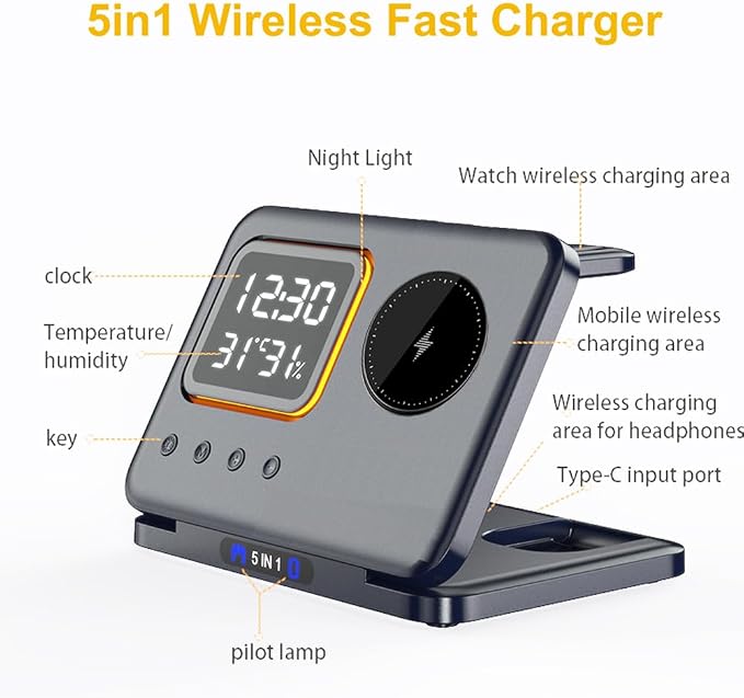IHAO 5in1 Multi Functional Wireless Charger with Digital Clock 15W Fast Charge Night Light Temperature Display MagSafe Compliant for iPhone iWatch and Qi Headphone-DH13 Black