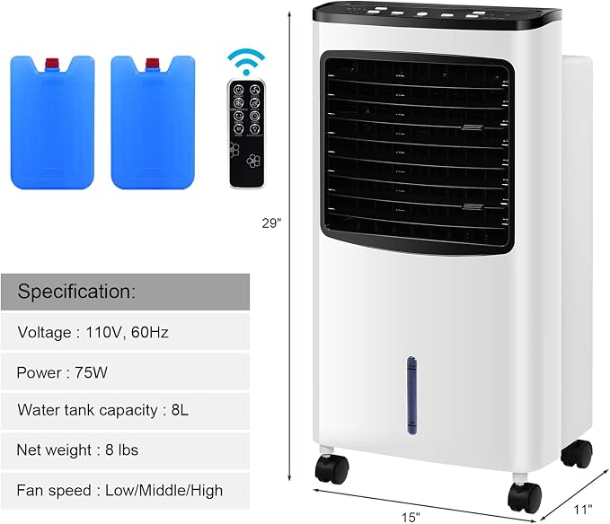 PETSITE Portable Evaporative Air Cooler, 3-in-1 Oscillation Cooling Fan with Remote Control, 2 Ice Packs, Humidifying, 3 Speeds, 7.5H Timer, Personal Swamp Cooler for Bedroom Home Office Garage