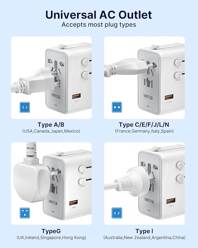 VINTAR 70W GaN Universal Travel Adapter, 5 in 1 with 3 USB-C PD& 1 USB-A QC | International Power Adapter with 70W GaN Fast Charging, All-in-one for EU UK USA AUS, Worldwide Travel Essentials, White