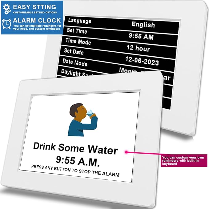 MASSII 𝗨𝗽𝗴𝗿𝗮𝗱𝗲𝗱 Dementia Clock 27 Alarms with Auto DST, DIY Custom Reminders,10 Auto-Dim Options, Non-Abbreviated Digital Clock for Elderly, Memory Battery Included (7 Inch with Remote)