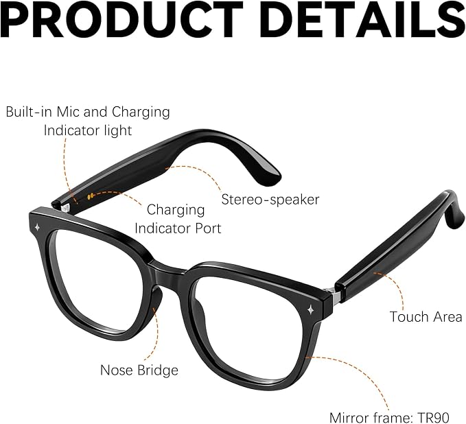 Smart Bluetooth Glasses for Men Women, Ai Smart Glasses with Open-Ear Audio, Voice Control, Real-time Translation, Hands-Free Calls, Bluetooth Sunglasses for Daily Use, Travel