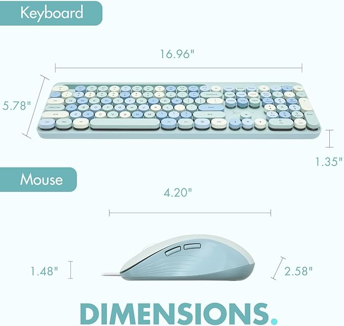 X9 Wired Keyboard and Mouse Combo with Backlight - Retro Typewriter Round Keycaps, Phone/Tablet Dock, 109 Fullsize Keys, Cute Colorful Blue Keyboard, Pastel Keyboard for Laptop, PC and Chromebook