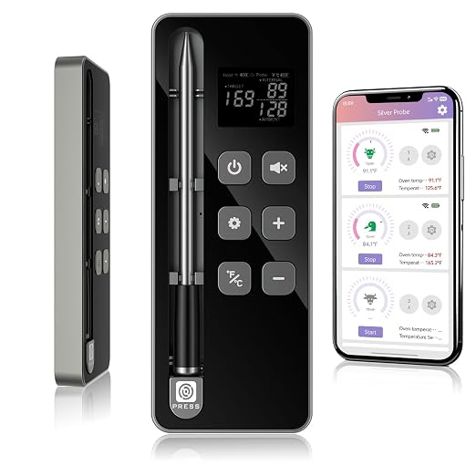 Smart Wireless Meat Thermometer with Display Base – Ultra-Thin Heat-Resistant Probes, Long-Range 10X Signal, WiFi & App Monitoring for BBQ, Grill, Oven, Smoker – iOS & Android
