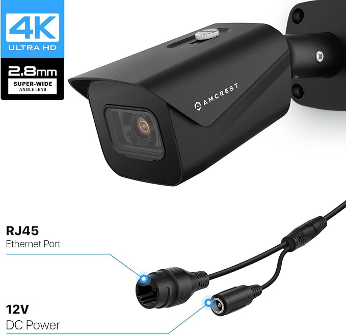 Amcrest UltraHD 4K (8MP) Outdoor Bullet Security IP POE Camera, 98ft NightVision, 2.8mm Lens, IP67 Weatherproof, 256GB MicroSD Recording, Black (IP8M-2496EB-V2)