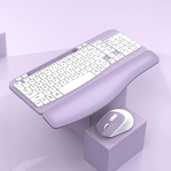 Wireless Keyboard and Mouse Combo, Full-Sized Ergonomic Wave Keys Keyboard with Memory Foam Wrist Rest & Phone Holder, 2.4G Quiet Keyboard Mouse Work Setup for PC Laptop, Office or Home (Purple)