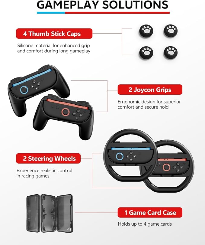 Pro Controllers Accessories Bundle for Nintendo Switch 2 18-in-1: Carrying Case, Screen Protector, Thumb Grip for Joycon, Dockable Console Protective Cover Shell, Steering Wheel, 2025 Switch2 Game Kit
