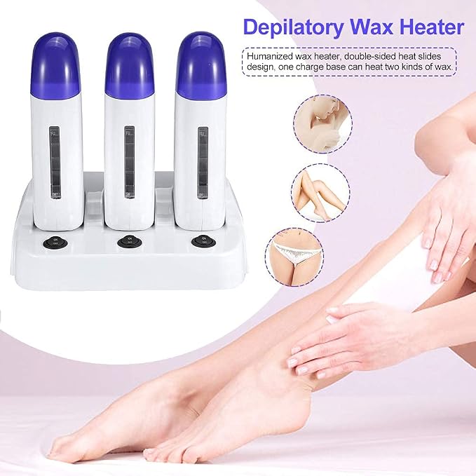 Portable Triple Depilatory Roll on Wax Warmer with Heater Base for Women Men Hair leg,Armpit,Bikini