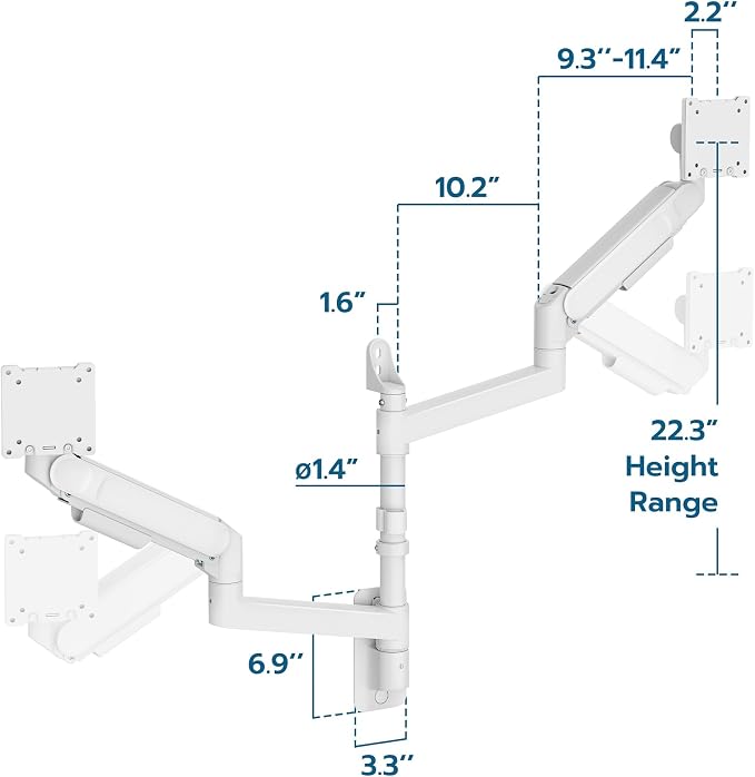 ARES WING Dual Monitor Wall Mount for 24-57 Inch Ultrawide Screens, Premium Heavy Duty Monitor Arm Holds 60 lbs, Full Motion Gas Spring, Bearing Head for Easy Adjustment, 75/100 VESA Mount, White