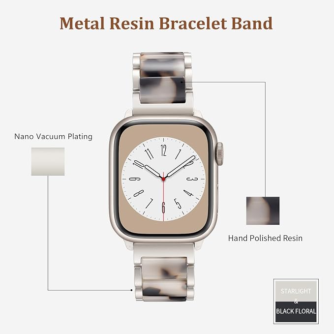 V-MORO Compatible with Apple Watch Band 41mm 42mm 40mm 38mm Series 11/10/9/8 Fashion Strap Women,Stainless Steel Resin Band Bracelet Replacement for iWatch Ultra/SE/7/6/5/4/3/2/1-Black Floral+Starlight