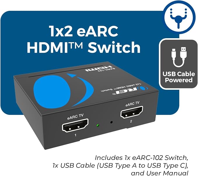 OREI eARC/ARC HDMI 2x1 Audio Switch – Connect One Soundbar/AV Receiver to Two eARC TVs, Supports Dolby Atmos, DTS:X, TrueHD, 32-Channel Audio, Auto/Manual Switching, Heavy-Duty Metal Housing