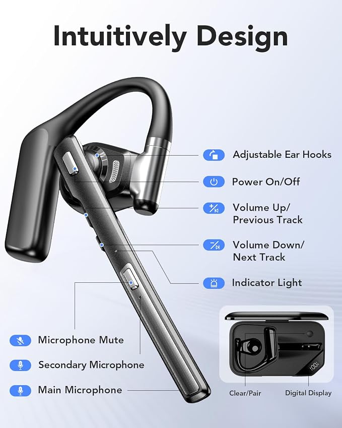 Bluetooth Headset V6.0, Open Ear Wireless Earpiece with Noise Canceling Mic, 96H Talking Time with the 950 mAh Charging Case for iOS Android Laptop, Headphones with Mute Button for Trucker Work