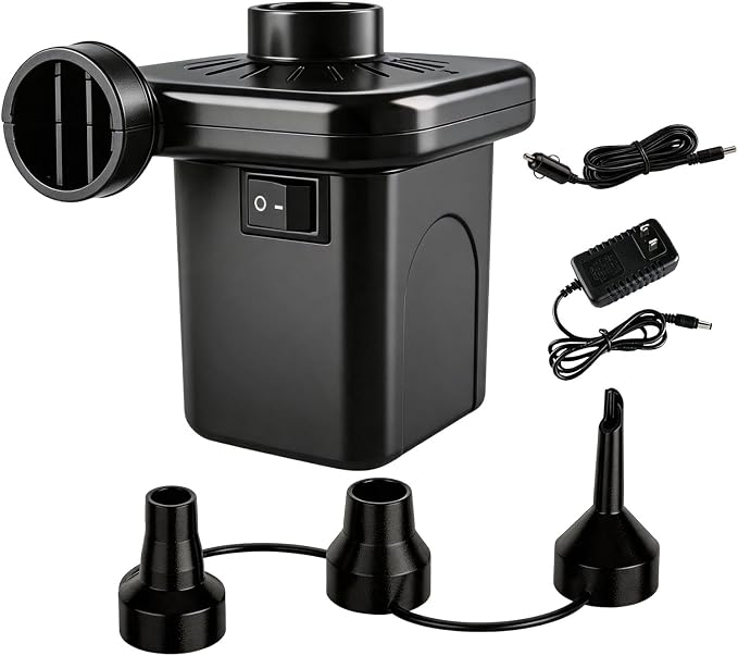 Electric Air Pump for Mattress, Pool Inflatable Pump with 3 Nozzles,Quick-Fill Inflator for Pool Floats, Air Beds,Swimming Ring – Compatible with 110V AC/12V DC Home and Car Adapter (S)