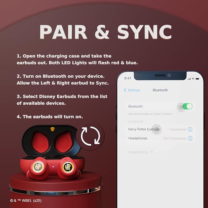iJoy Harry Potter Gryffindor Wireless Bluetooth Earbuds with Charging Case, Built-in Mic, 30 Hr Playtime, Officially Licensed | Harry Potter Gifts for Women, Men, Teens, Kids & All Fans of Gryffindor