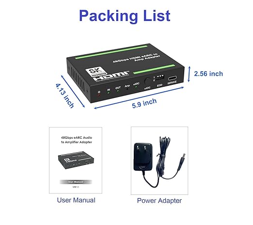 8K@60 HDMI2.1/eARC Audio Extractor/Adapter, Out Audio to Amplifiers, Support 4K120Hz, HDR10+, Dolby Vision, Dolby Atmos, DTS:X, Audio Pass Through
