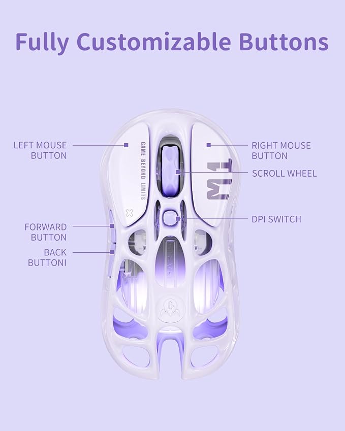 GravaStar Mercury M1 Pro Gaming Mouse, Lightweight Magnesium Alloy, 26,000 DPI, PAW3395DM Sensor, 5 Programmable Buttons, Support Wired/2.4GHz/BT, Up to 200 Hours Battery Life (Lavender Purple)
