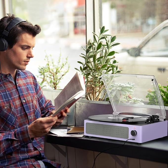 Record Player for Vinyl All-in-one Turntable with Speakers Belt-Driven Turn Table 3-Speed 3 Size 33 1/3 45 78 RPM BT Wireless Headphone AUX-in RCA LP Phonograph Auto Stop New Sleek Light Pale Purple