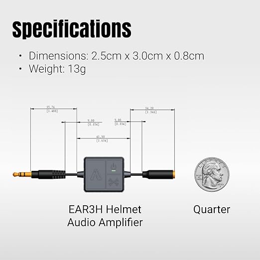 IASUS EAR3H-MK2 Helmet Audio Amplifier 12dB Volume Boost - 3.5mm Input and Output - Compatible with Most Helmet Comms Systems with Headphone Earbud Port