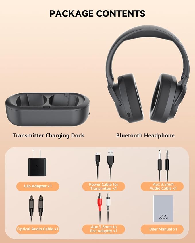 ANSTEN Wireless Headphones for TV Watching with Digital Optical RCA AUX 3.5 MM Transmitter Charging Dock, Over Ear Headset for Seniors, Bluetooth Headphones No Delay, 30 Hrs Playtime, Plug and Play