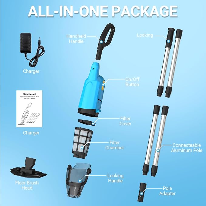 Pool Vacuum for Above Ground Pool, 18GPM Powerful Suction/87ā Extension Pole/60Mins Runtime, Spot Fast Cleaning Cordless Handheld Pool Vacuum Cleaner for Spas Inground Above Ground Pool Vacuums